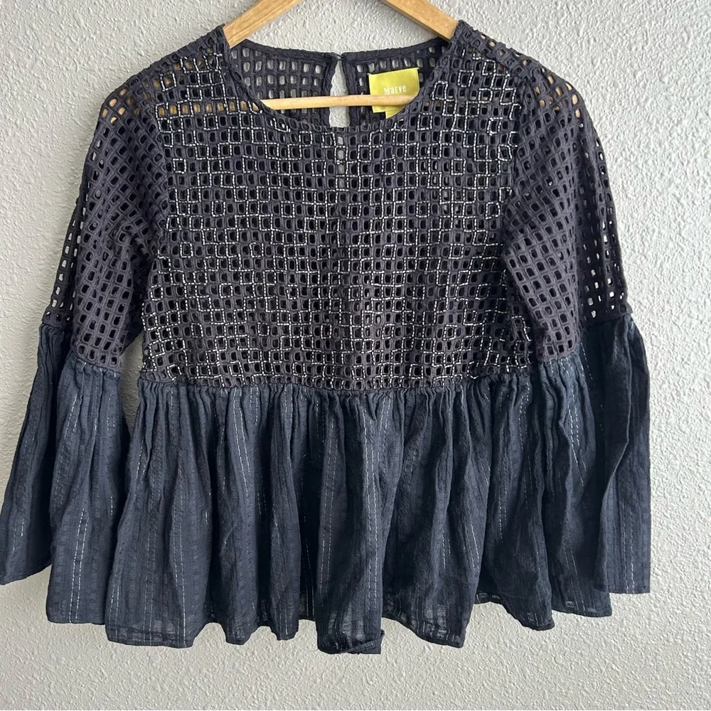 Anthropologie Maeve‎ Black Alameda Bell Sleeve Beaded 100% Cotton Blouse